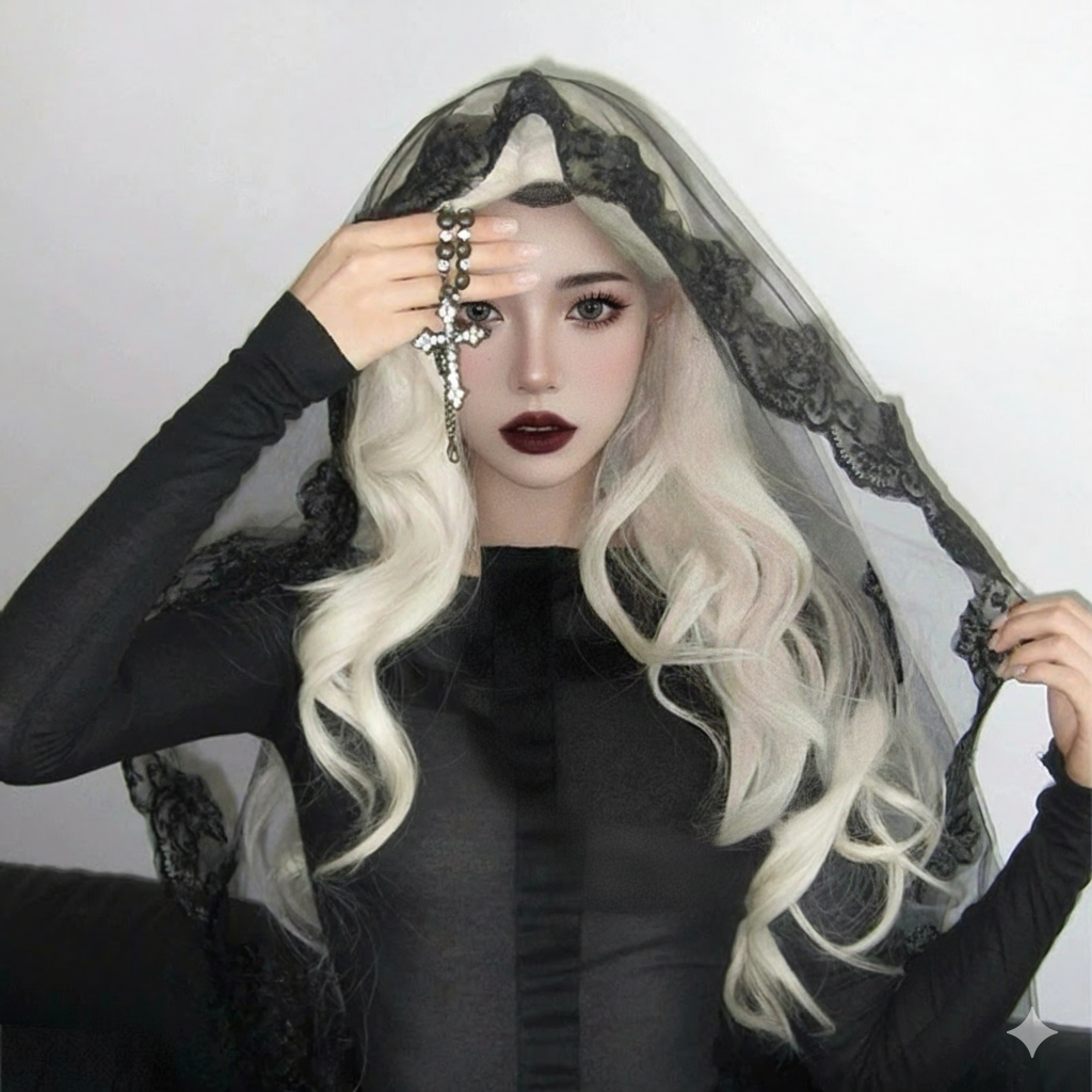 Gothic Black Lace Veil Vampire Widow Headpiece for Halloween & Cosplay