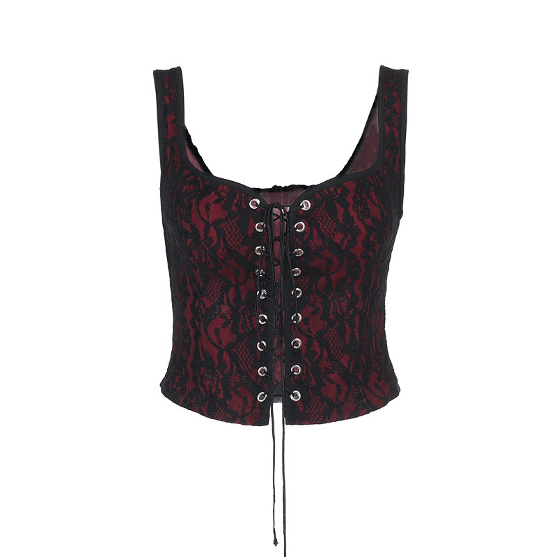 Red-Black Lace-Up Jacquard Corset Cami Gothic Top
