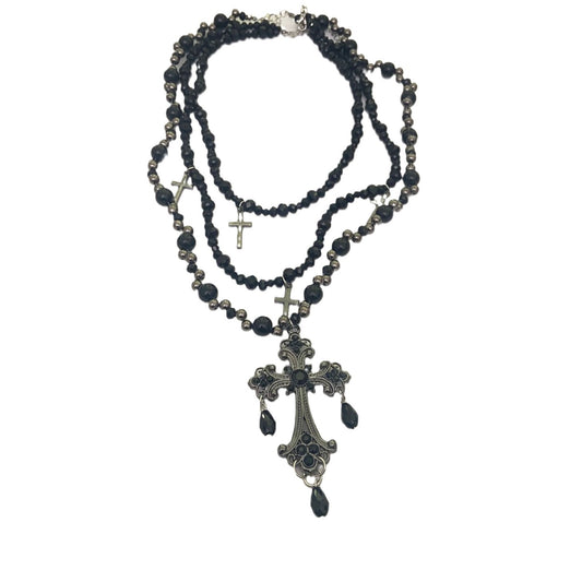 Black Beaded Gothic Cross Rosary Layered Necklace, 6170cm