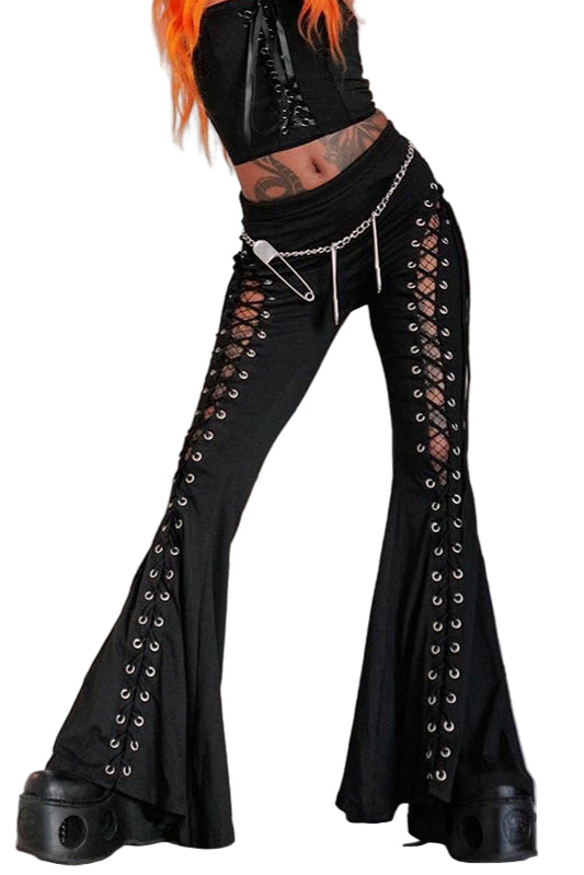 Black Lace-Up Flare Pants Gothic Eyelet High-Waist