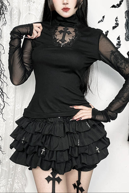 Black Lace Mesh Cross High-Neck Long-Sleeve Top Gothic