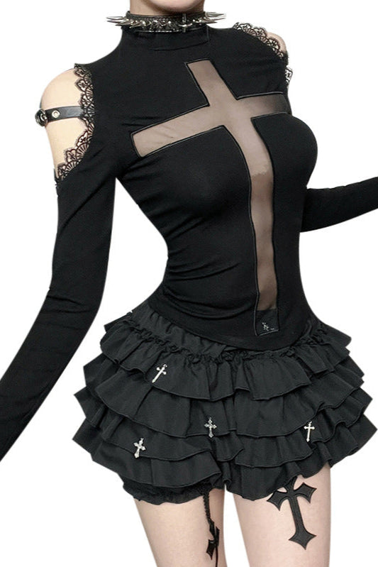 Black outfit with sheer panels and ruffled skirt on a white background