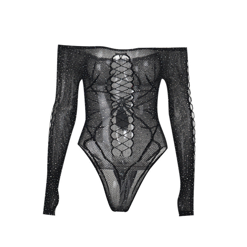 Black Rhinestone Mesh Bodysuit Spiderweb Cutout Gothic Top