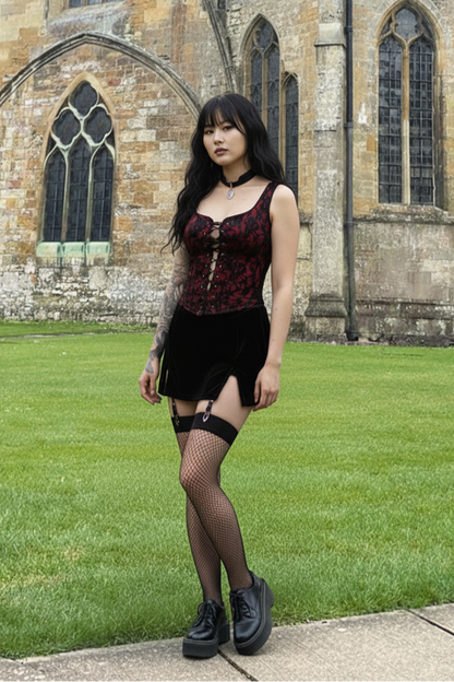 Red-Black Lace-Up Jacquard Corset Cami  Gothic Top