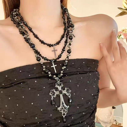 Black Beaded Gothic Cross Rosary Layered Necklace, 6170cm