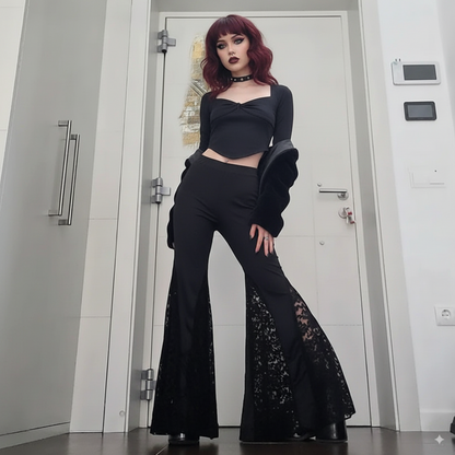 Black Lace Insert Flare Pants – Gothic High-Waist Cross