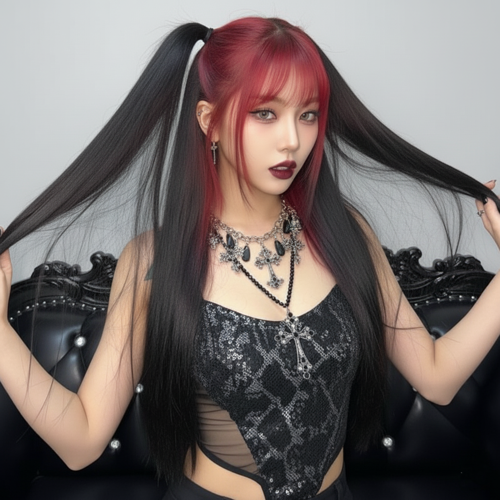 Woman with red hair and black lace top sitting on a decorative chair.