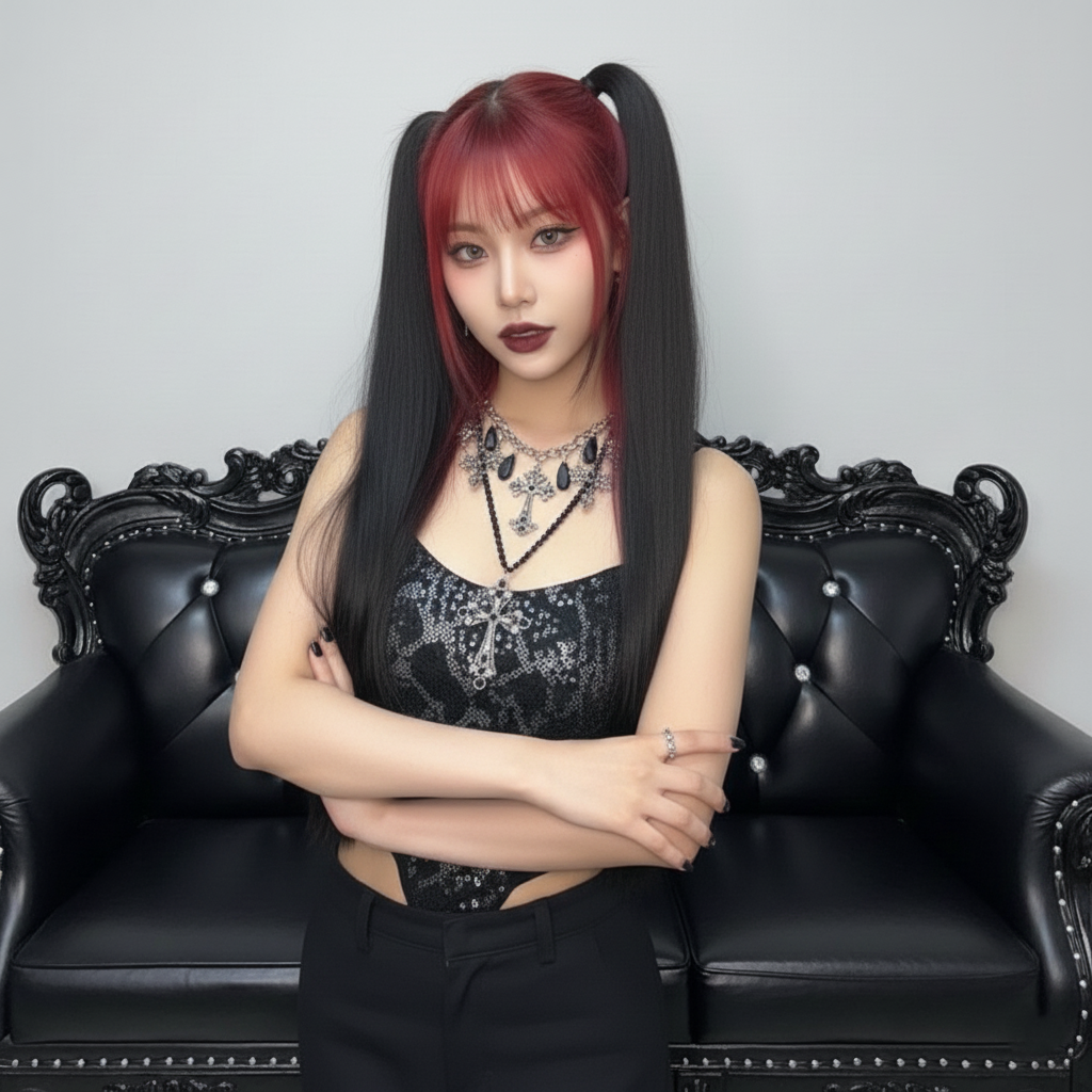Woman with red hair and black pigtails sitting on a black leather couch against a gray background