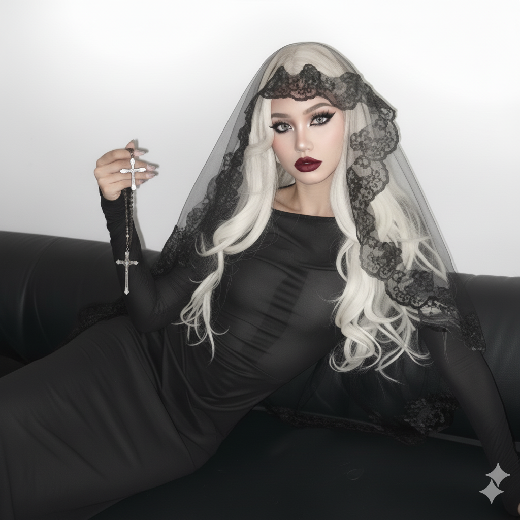 Gothic Black Lace Veil  Vampire Widow Headpiece for Halloween & Cosplay