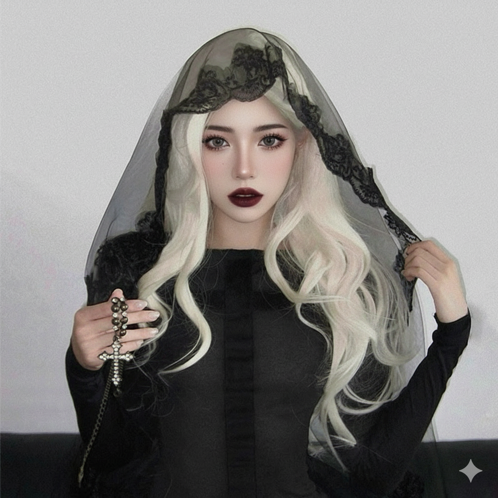 Person with long blonde hair wearing a black veil with lace details against a plain background