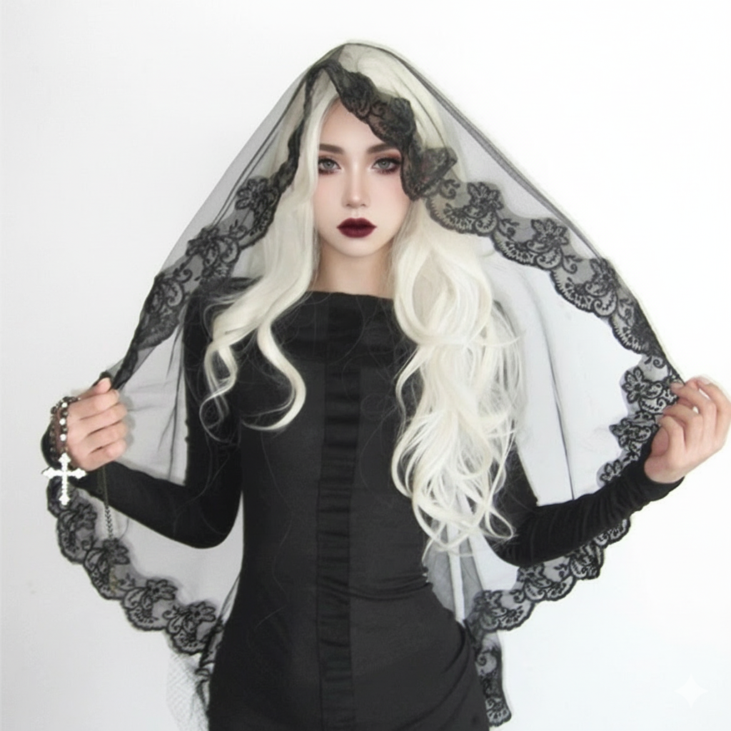 Gothic Black Lace Veil  Vampire Widow Headpiece for Halloween & Cosplay
