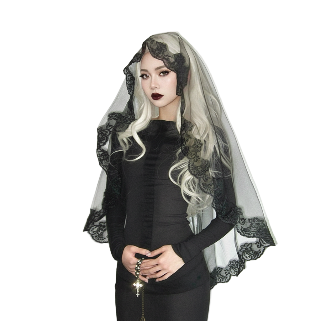 Person wearing a black lace veil with a plain background