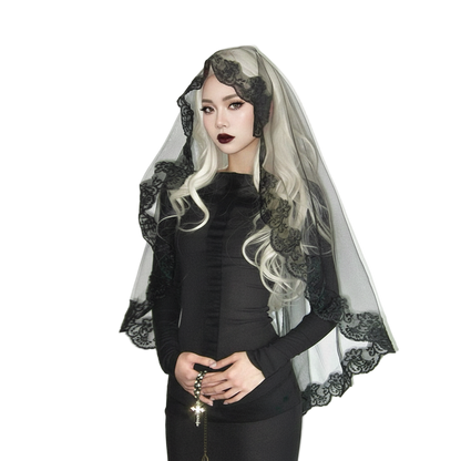 Person wearing a black lace veil with a plain background
