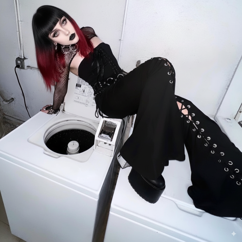 Black Lace-Up Flare Pants  Gothic Eyelet High-Waist