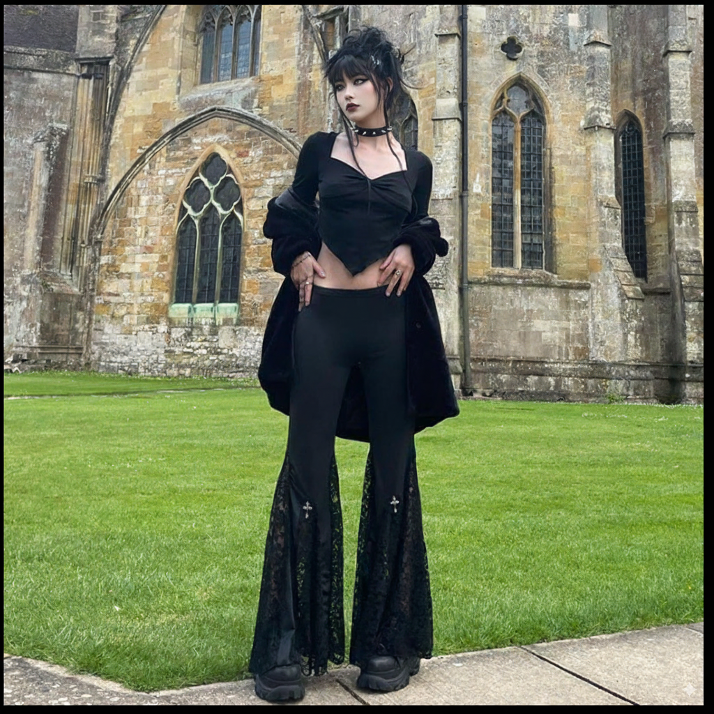 Black Lace Insert Flare Pants – Gothic High-Waist Cross