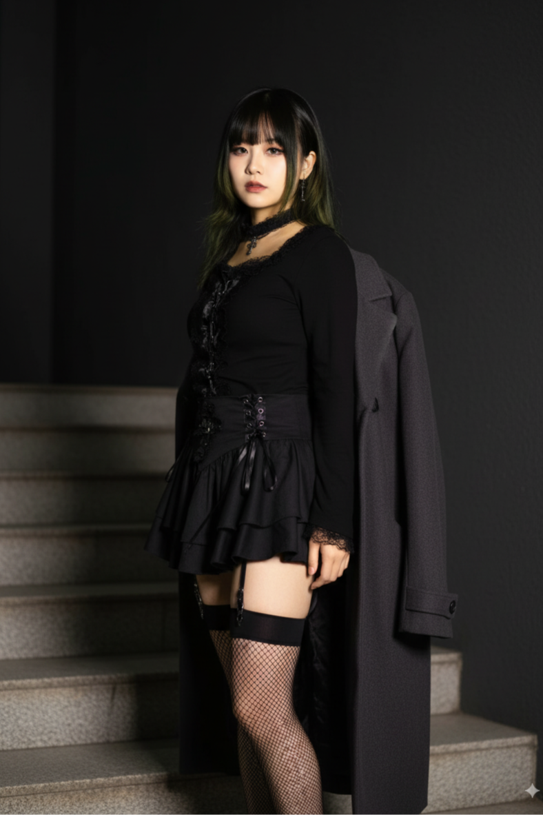 Person wearing a black outfit with a trench coat on stone steps against a dark background