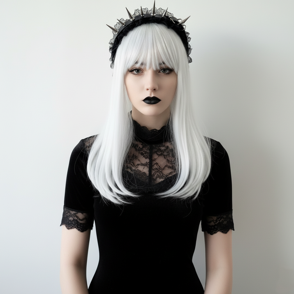 Person with white hair and black lace headband wearing a black dress against a plain background