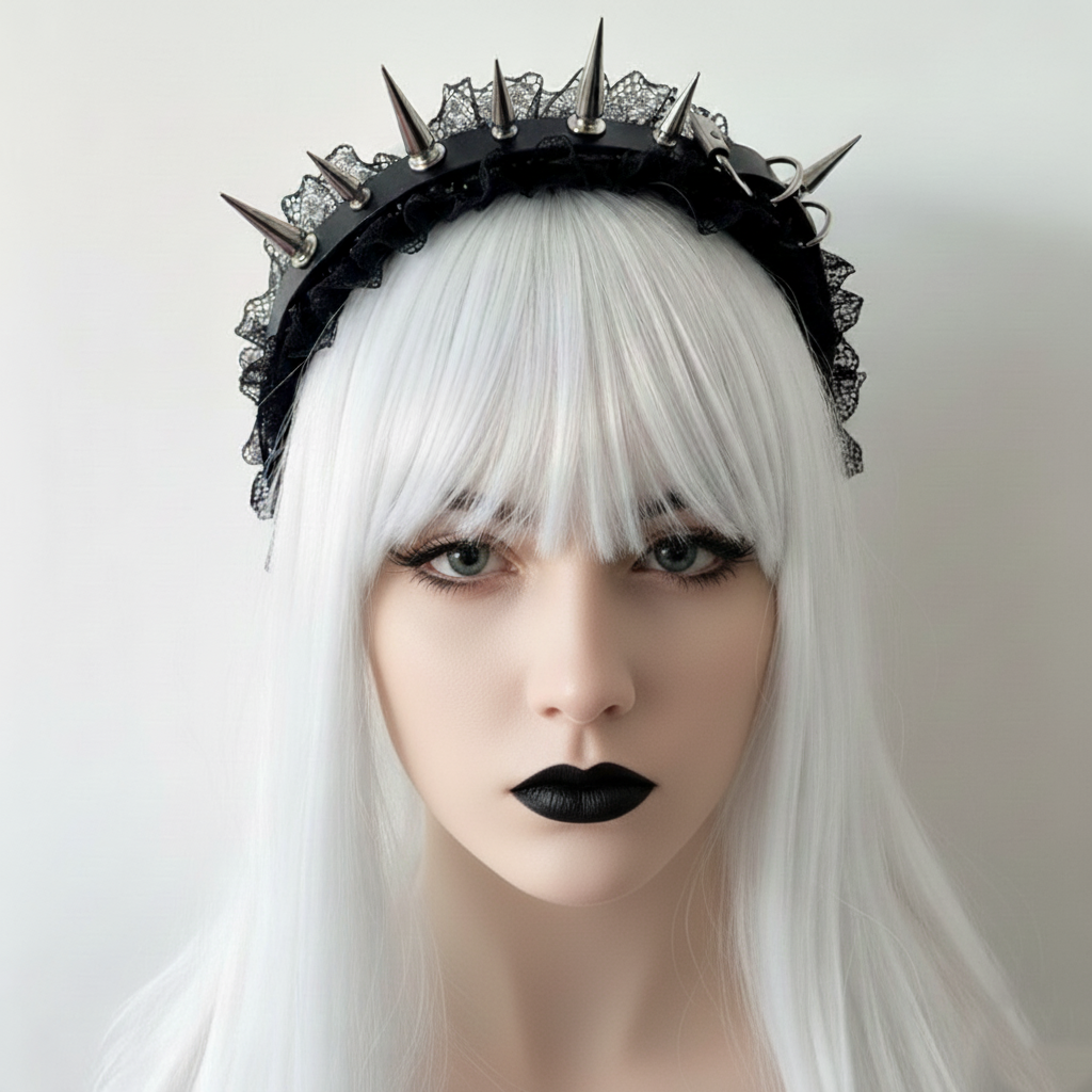 Person with white hair and black lipstick wearing a spiked headband on a light background