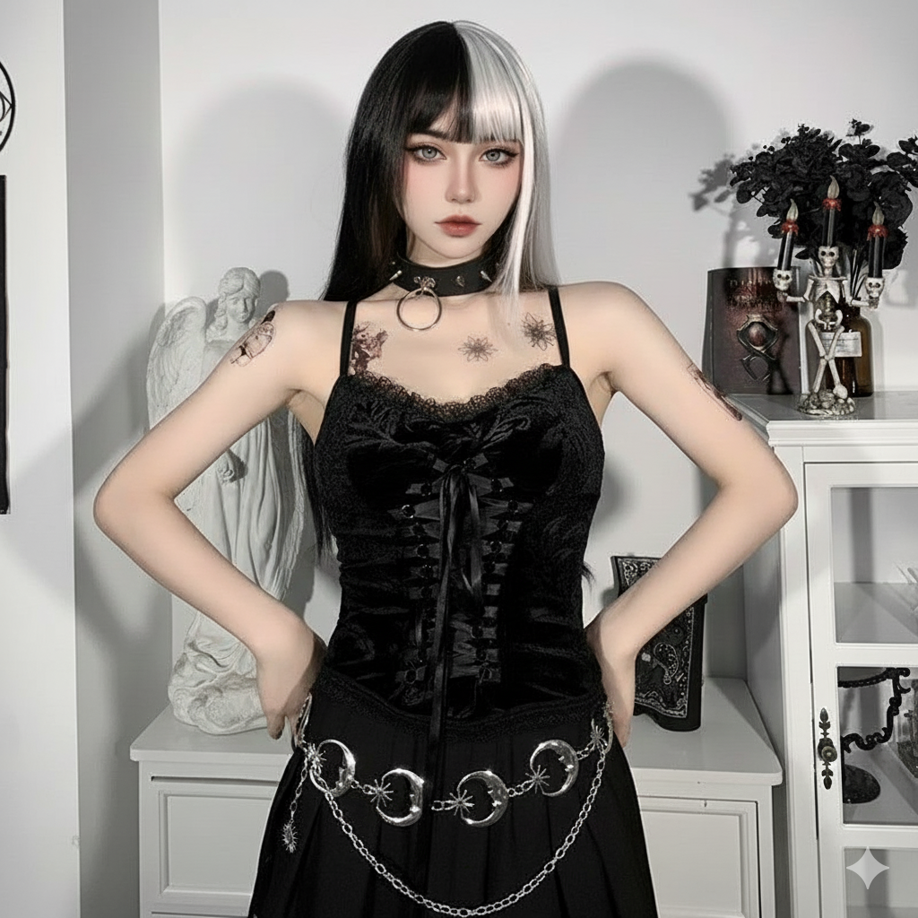 Velvet Lace Corset Cami  Black Gothic Bustier Top