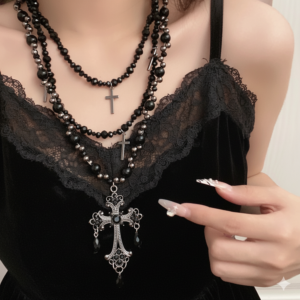 Person wearing a black beaded necklace with cross pendants, holding a similar necklace.