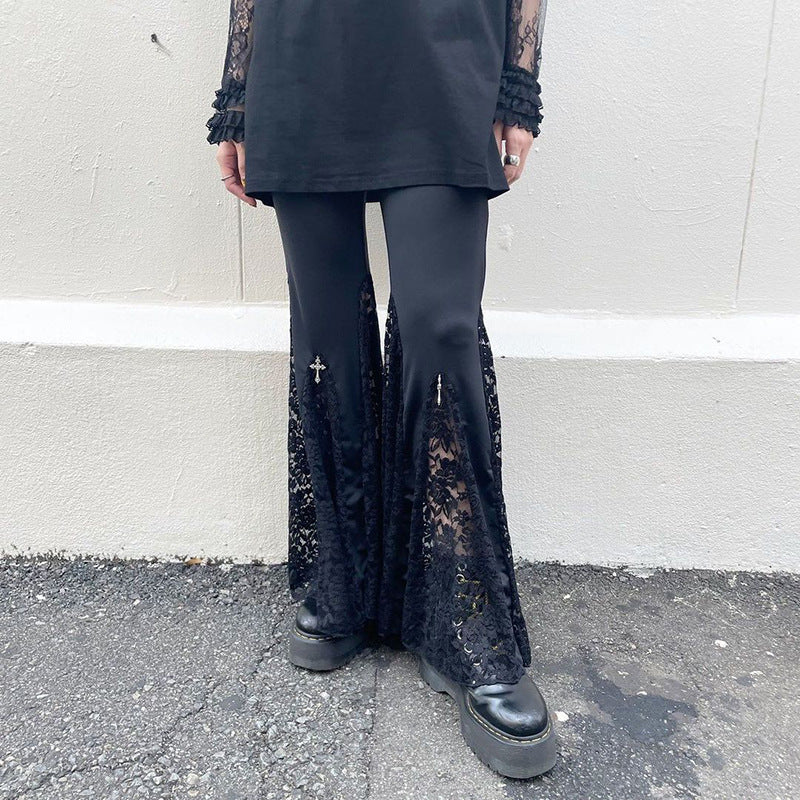 Black Lace Insert Flare Pants – Gothic High-Waist Cross