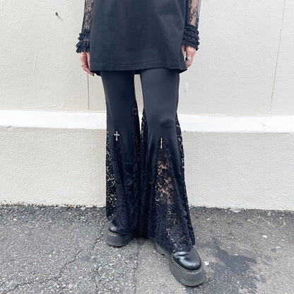 Black Lace Insert Flare Pants – Gothic High-Waist Cross