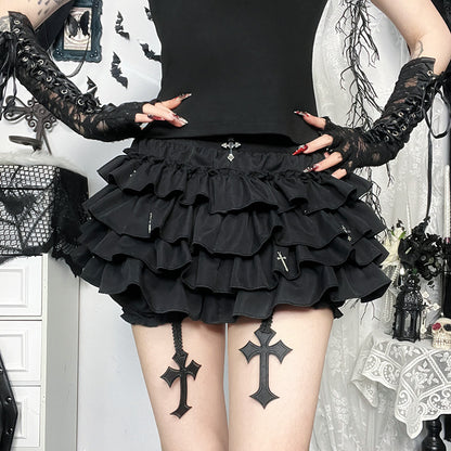 Black Ruffle Mini Skirt – Gothic Tiered with Cross Charms