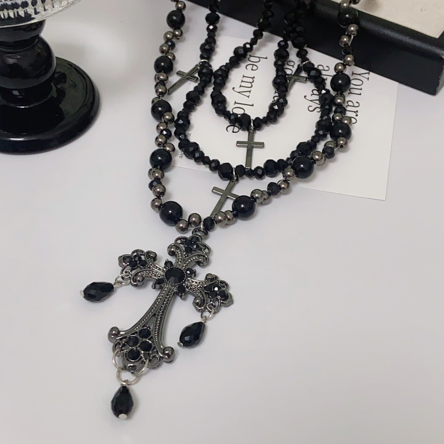 Black Beaded Gothic Cross Rosary Layered Necklace, 6170cm