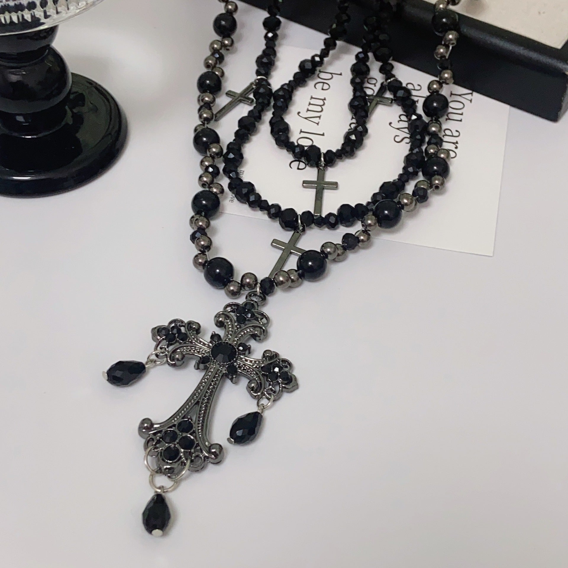Black Beaded Gothic Cross Rosary Layered Necklace, 6170cm
