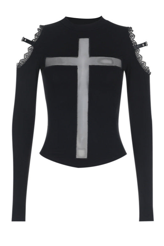 Black long-sleeve top with a central cross design on a white background