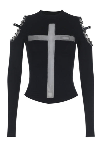 Black long-sleeve top with a central cross design on a white background