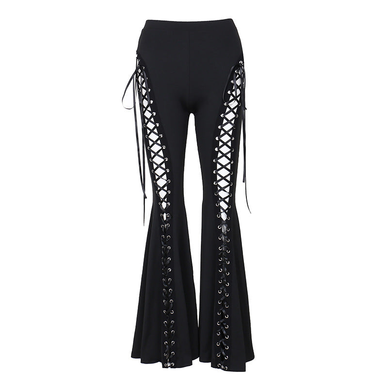 Black Lace-Up Flare Pants  Gothic Eyelet High-Waist