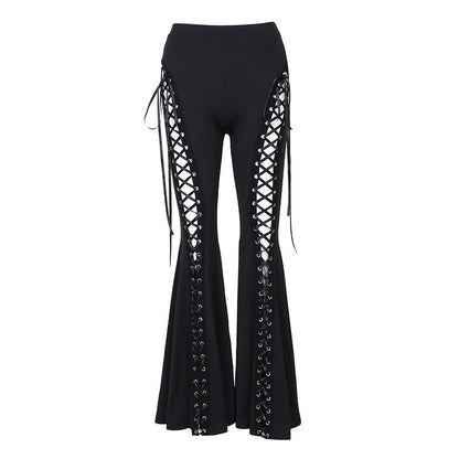 Black Lace-Up Flare Pants  Gothic Eyelet High-Waist