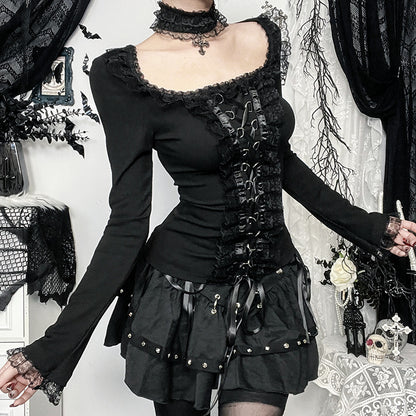 Ruffled Lace Corset Long Sleeve Top Choker  Black