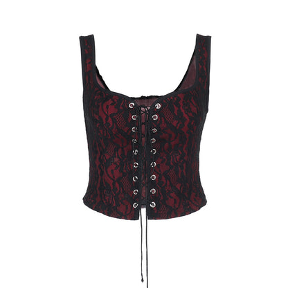 Red-Black Lace-Up Jacquard Corset Cami  Gothic Top