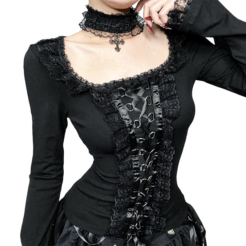 Ruffled Lace Corset Long Sleeve Top Choker  Black