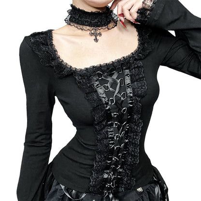Ruffled Lace Corset Long Sleeve Top Choker  Black