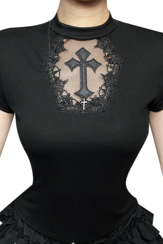 Black t-shirt with cross design on a white background
