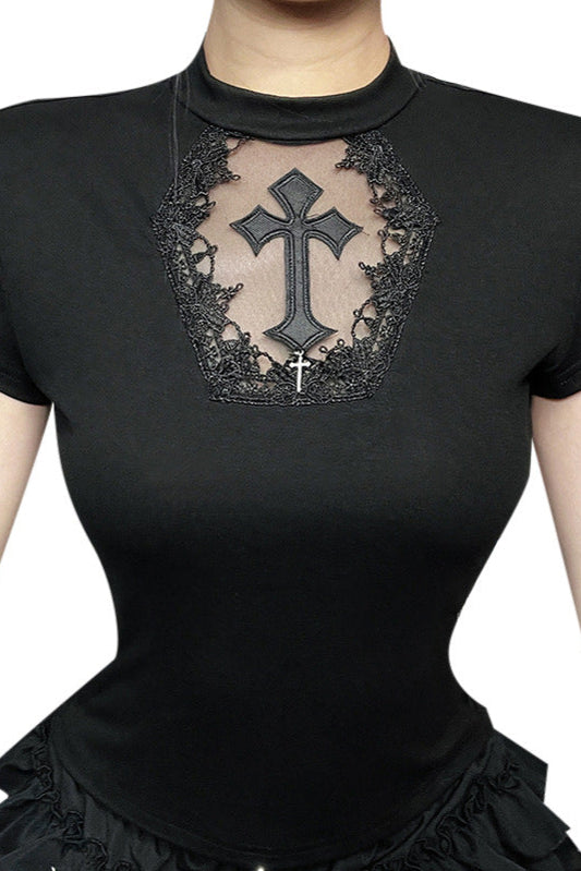 Black t-shirt with cross design on a white background