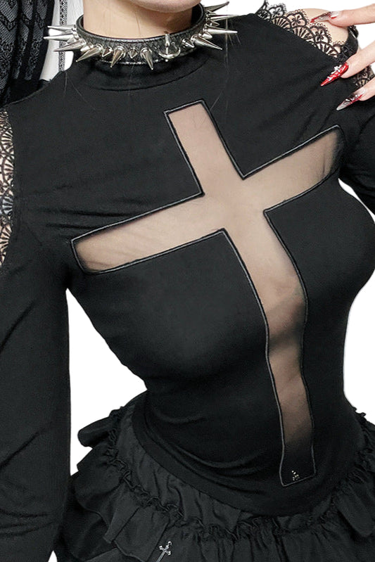 Black long-sleeve top with mesh panels and a cross design, worn by a person.