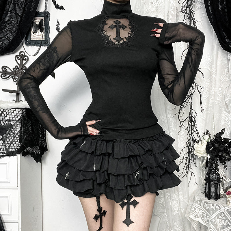 Black Lace Mesh Cross High-Neck Long-Sleeve Top  Gothic
