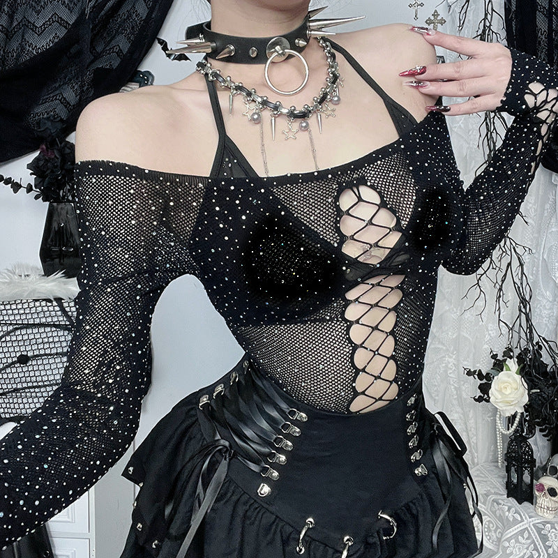 Black Rhinestone Mesh Bodysuit  Spiderweb Cutout Gothic Top