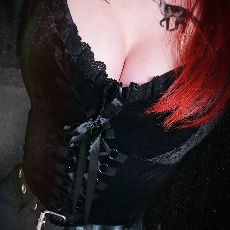 Velvet Lace Corset Cami  Black Gothic Bustier Top