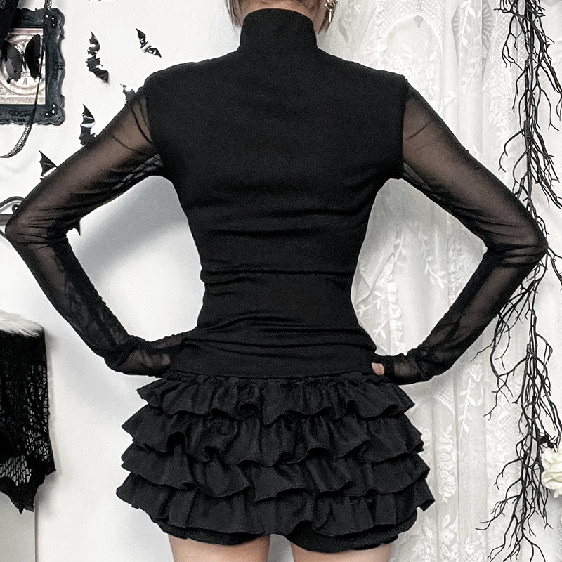 Black Lace Mesh Cross High-Neck Long-Sleeve Top  Gothic