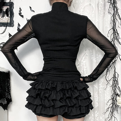Black Lace Mesh Cross High-Neck Long-Sleeve Top  Gothic