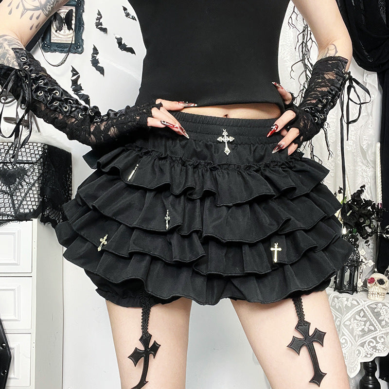 Black Ruffle Mini Skirt – Gothic Tiered with Cross Charms