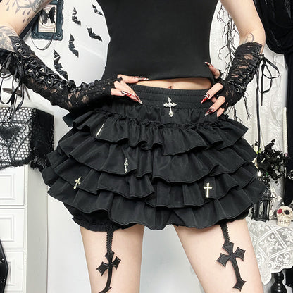 Black Ruffle Mini Skirt – Gothic Tiered with Cross Charms