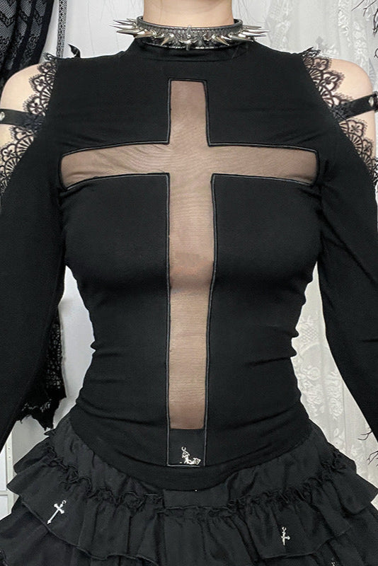 Black gothic top with sheer cross design and ruffled skirt against a decorative background