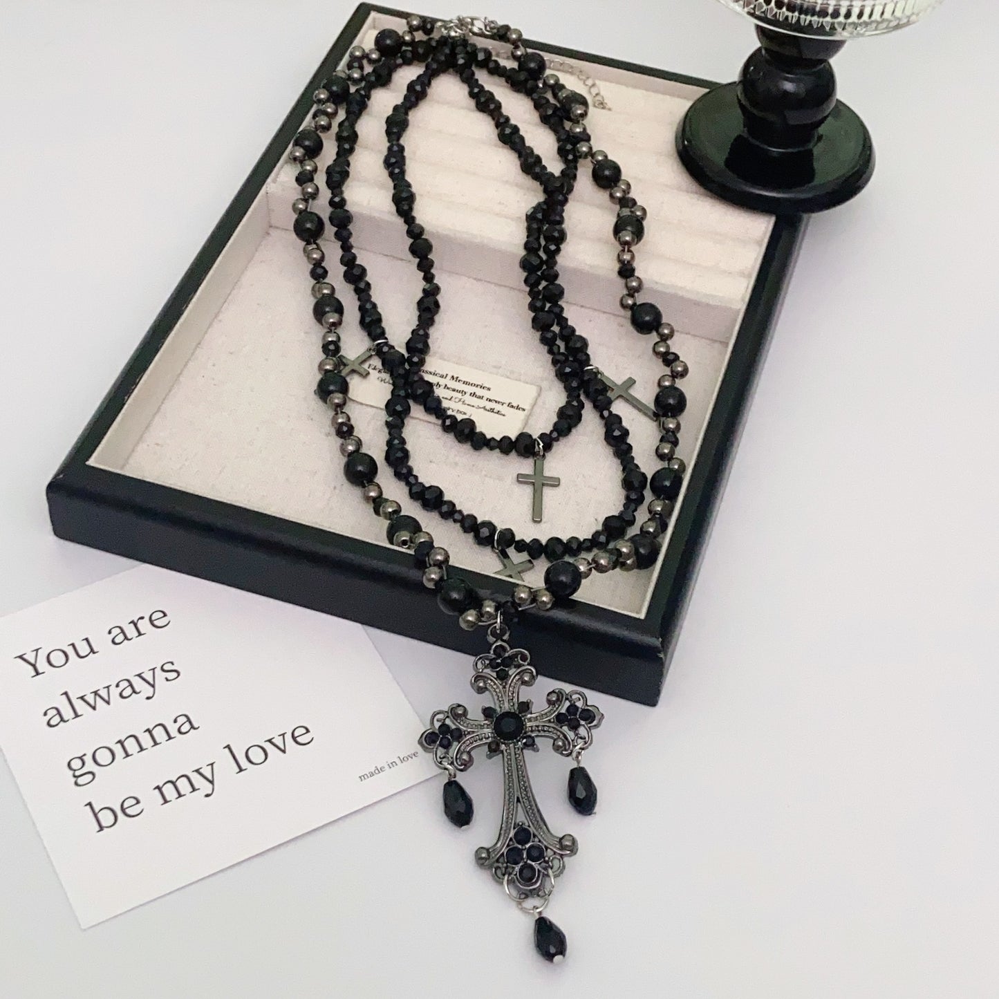 Black Beaded Gothic Cross Rosary Layered Necklace, 6170cm