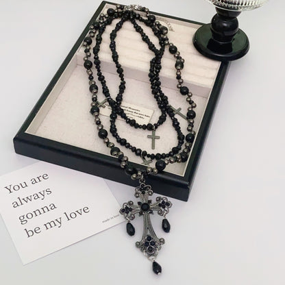 Black Beaded Gothic Cross Rosary Layered Necklace, 6170cm